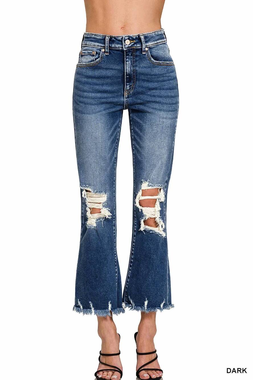 NEW ZENANA distressed knee cropped jeans in dark wash